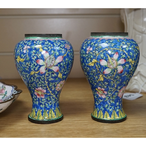 544 - A pair of Chinese Guangzhou enamel vases, 19th century and an 18th century Guangzhou enamel dish, la... 