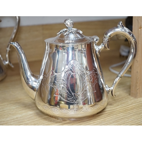 562 - An Art Deco three piece silver brush set and a silver plated three piece tea set and miniature caldr... 