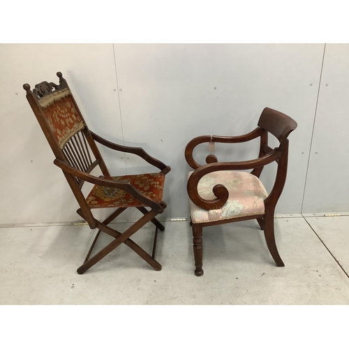 57 - A Victorian folding chair with carpet upholstery and a Regency mahogany elbow chair. Condition - poo... 