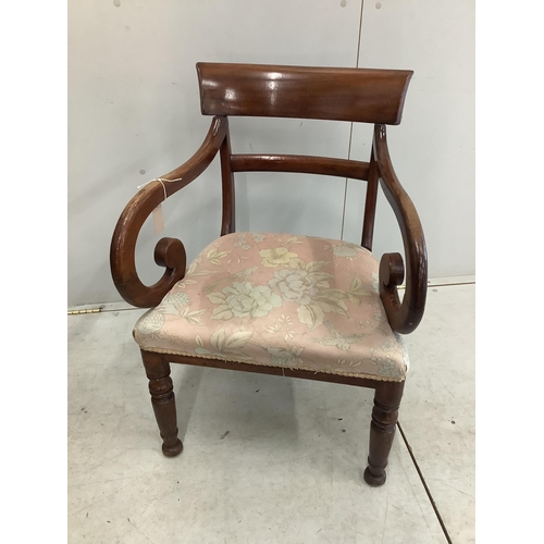 57 - A Victorian folding chair with carpet upholstery and a Regency mahogany elbow chair. Condition - poo... 