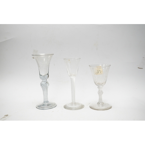 570 - Three 18th century air twist stemmed wine glasses, tallest 16.5cm high. Condition - two having chips... 