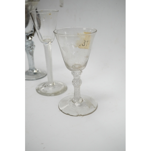 570 - Three 18th century air twist stemmed wine glasses, tallest 16.5cm high. Condition - two having chips... 