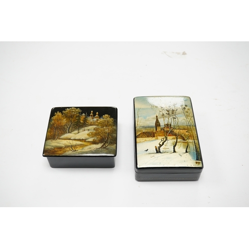 571 - Three late 19th/early 20th century Russian lacquer boxes, decorated with snow scenes, largest 13.5cm... 