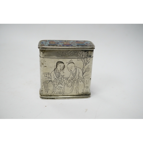 574 - A Chinese paktong and cloisonné enamel rectangular box and cover, 6cm high. Condition - fair to good... 