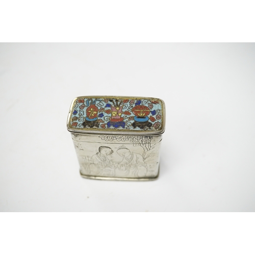 574 - A Chinese paktong and cloisonné enamel rectangular box and cover, 6cm high. Condition - fair to good... 