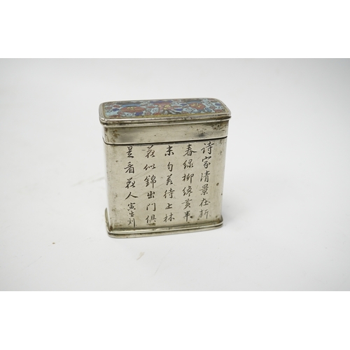 574 - A Chinese paktong and cloisonné enamel rectangular box and cover, 6cm high. Condition - fair to good... 