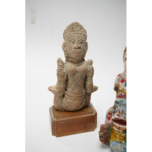 576 - A Burmese lacquered wood figure, 19th century and an Indian terracotta figure of a deity, largest 13... 