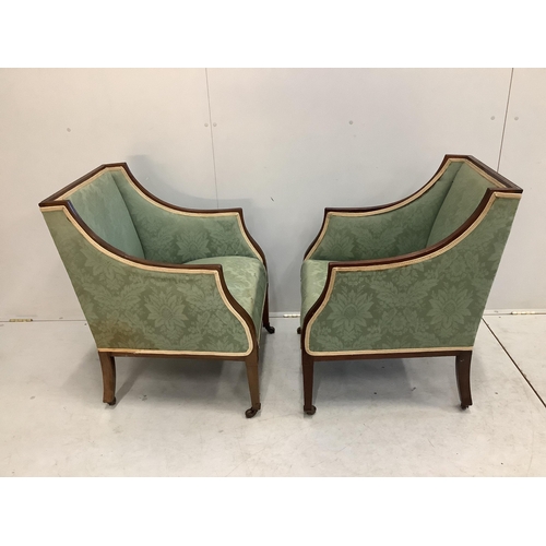 58 - A pair of Edwardian mahogany armchairs, width 59cm, depth 55cm, height 79cm. Condition - fair, uphol... 