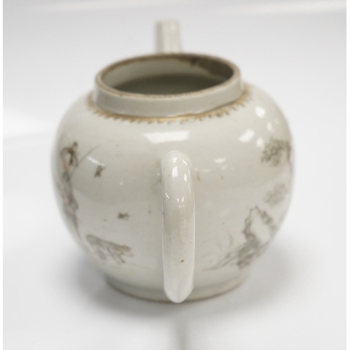 580 - A mid 18th century Chinese European subject teapot, lacking cover, 9cm tall. Condition - handle re... 