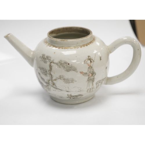 580 - A mid 18th century Chinese European subject teapot, lacking cover, 9cm tall. Condition - handle re... 