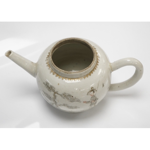 580 - A mid 18th century Chinese European subject teapot, lacking cover, 9cm tall. Condition - handle re... 