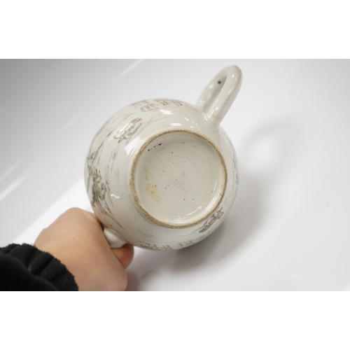 580 - A mid 18th century Chinese European subject teapot, lacking cover, 9cm tall. Condition - handle re... 