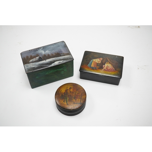 582 - Three late 19th/early 20th century Russian lacquer boxes, largest 14cm. Condition - fair to good... 