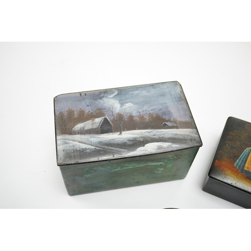 582 - Three late 19th/early 20th century Russian lacquer boxes, largest 14cm. Condition - fair to good... 