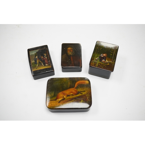 584 - Four late 19th/early 20th century Russian lacquer boxes, largest 10.5cm. Condition - fair to good... 