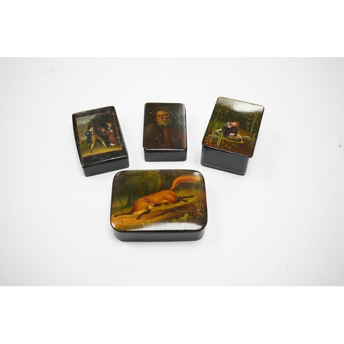 584 - Four late 19th/early 20th century Russian lacquer boxes, largest 10.5cm. Condition - fair to good... 