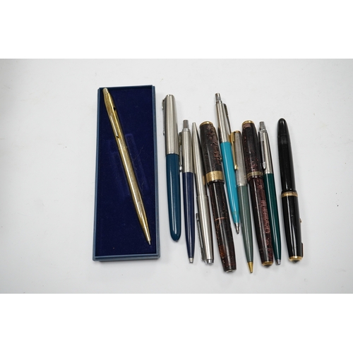 585 - A group of ten various pens, mostly Parker, including one 9ct gold mounted. Condition - varies... 