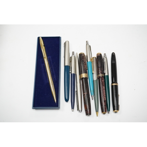 585 - A group of ten various pens, mostly Parker, including one 9ct gold mounted. Condition - varies... 