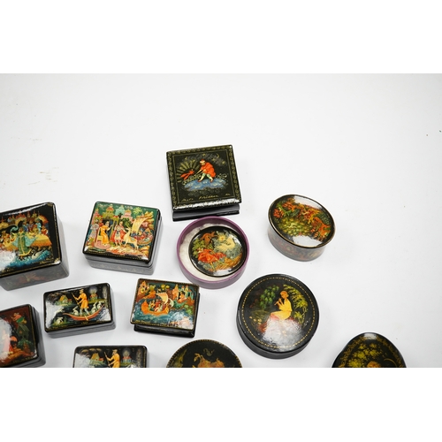 586 - A quantity of late 19th / early 20th century Russian lacquer boxes, largest 9cm. Condition - mostly ... 