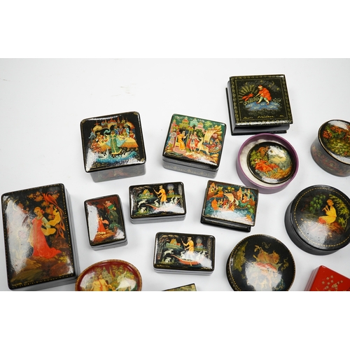 586 - A quantity of late 19th / early 20th century Russian lacquer boxes, largest 9cm. Condition - mostly ... 