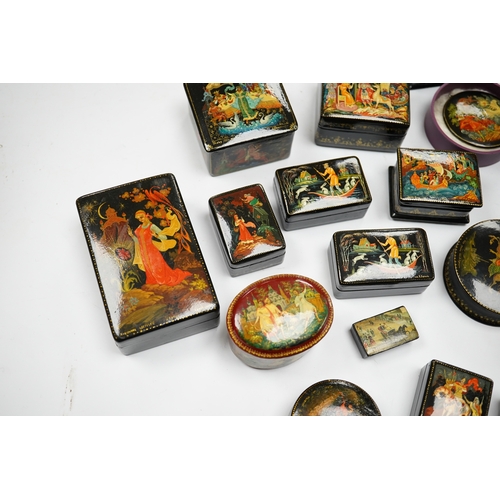 586 - A quantity of late 19th / early 20th century Russian lacquer boxes, largest 9cm. Condition - mostly ... 