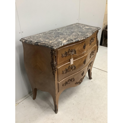 59 - A Louis XV style gilt metal mounted marble top bombe commode, width 105cm, depth 49cm, height 89cm. ... 