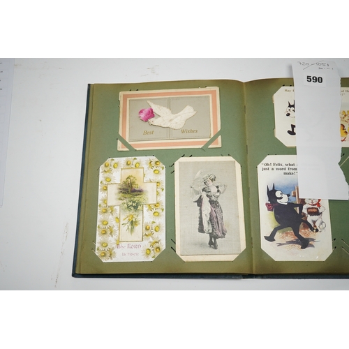 590 - An early 20th century album of eighty four postcards; good selection including mechanical, silks, no... 