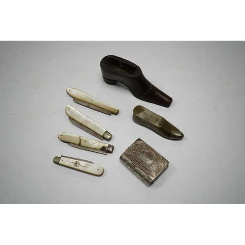 595 - Four mother-of-pearl penknives, two vesta cases and a treen shoe, treen shoe 10cm long. Condition - ... 