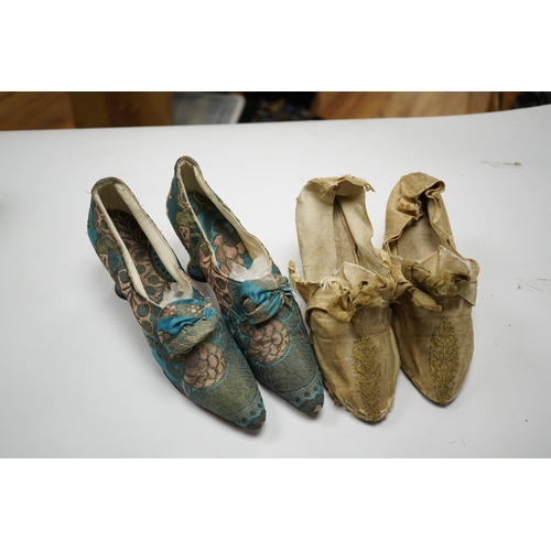 597 - A pair of 18th century cream silk and embroidered ladies shoes together with a later 19th century si... 