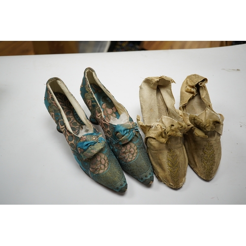 597 - A pair of 18th century cream silk and embroidered ladies shoes together with a later 19th century si... 