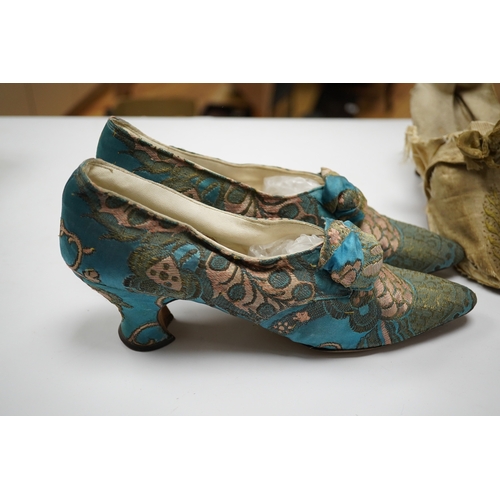 597 - A pair of 18th century cream silk and embroidered ladies shoes together with a later 19th century si... 