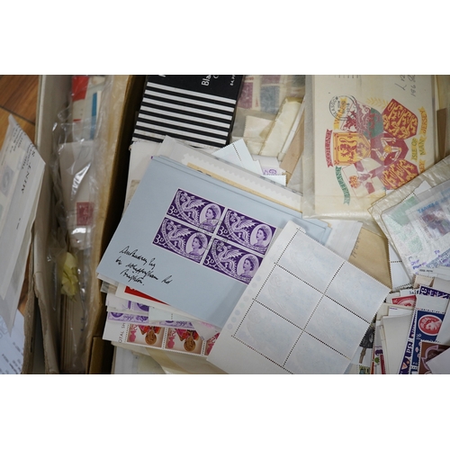 601 - A large quantity of mint stamps, booklets, autograph albums, a sketch book, photos, etc. (2 boxes).... 