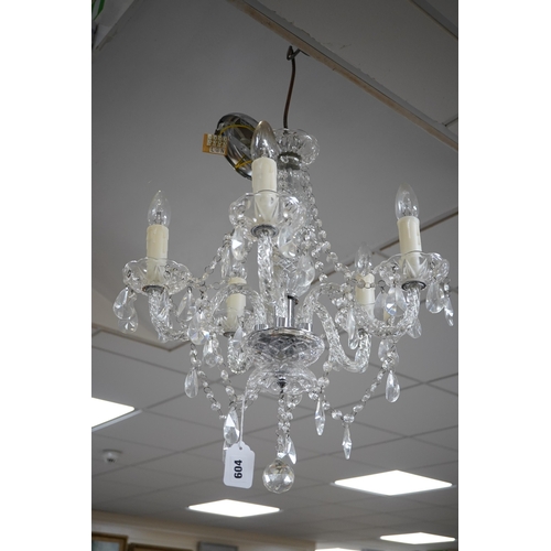 604 - A pair of five branch cut glass chandeliers, approximately 55cm high. Condition - good