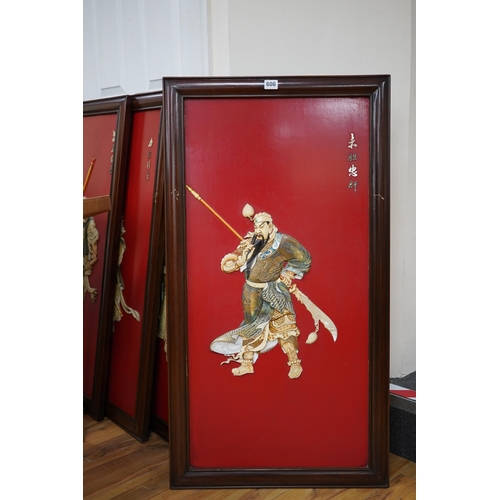 606 - Four large Chinese lacquer and bone mounted relief panels depicting warriors, each 99cm high. Condit... 