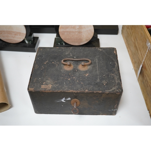 609 - A 19th century strongbox with key, 26cm wide. Condition - worn but working