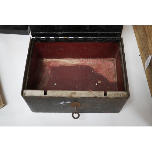 609 - A 19th century strongbox with key, 26cm wide. Condition - worn but working