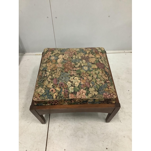 61 - An early 20th century Morris style beech reclining armchair with a matching footstool, width 78cm, d... 