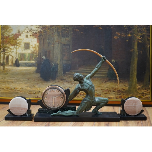 610 - A French Art Deco spelter and marble archer clock garniture, 60.5cm wide, 51.5cm high. Condition -... 