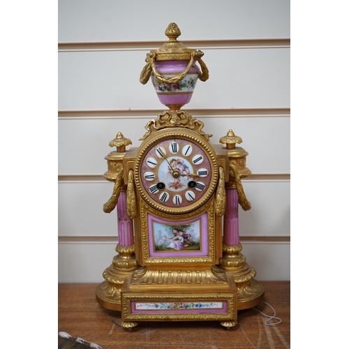 618 - A late 19th century French enamel and gilt metal mantel clock, no key or pendulum, 38cm. Condition -... 