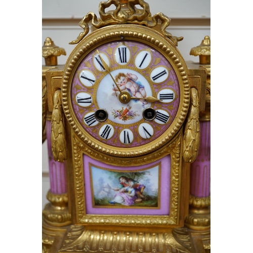 618 - A late 19th century French enamel and gilt metal mantel clock, no key or pendulum, 38cm. Condition -... 