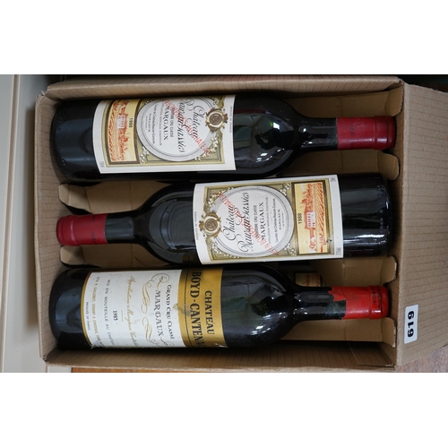 619 - Six bottles of French red wine to include Chateau Cantenac Brown 1989 and Chateau Boyd-Cantenac 1985... 