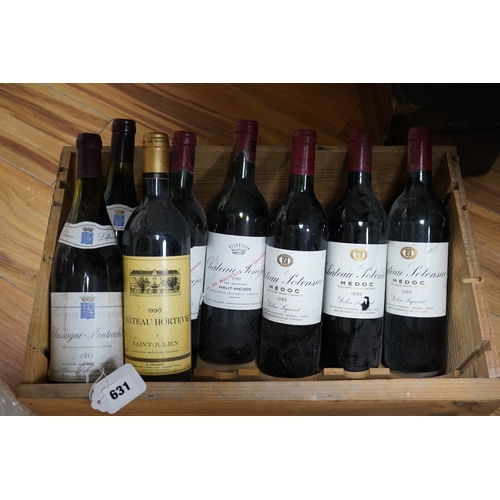 631 - Eight assorted bottles of wine, including five bottles of Medoc, a 1990 bottle of Chateau Hortevie, ... 