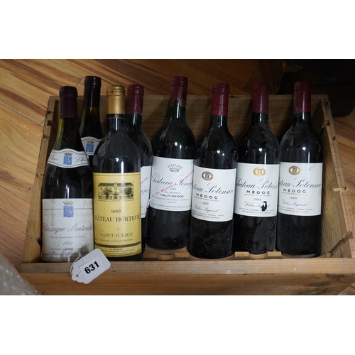 631 - Eight assorted bottles of wine, including five bottles of Medoc, a 1990 bottle of Chateau Hortevie, ... 