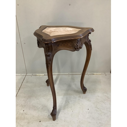 69 - A Continental triangular mahogany occasional table, width 50cm, height 73cm, together with a beech d... 