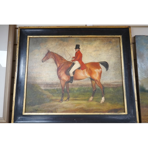 701 - J. Weaver, naive oil on canvas board, Study of a huntsman on horseback, signed and bears date 1885, ... 