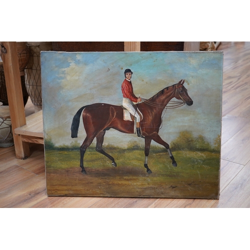 702 - Naive School, oil on canvas, Study of a jockey on horseback, unsigned, 51 x 61cm, unframed. Conditio... 