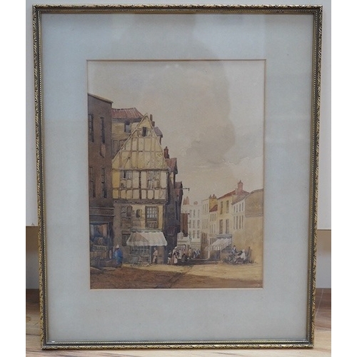 708 - 19th century School, watercolour, Street scene with figures, unsigned, 31 x 23cm. Condition - fair... 