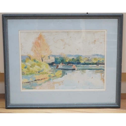 709 - Bernard Adams (1884-1965), oil on card, Riverscape, signed, 26 x 36cm. Condition - fair to good... 