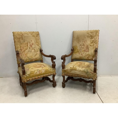 71 - A pair of 18th century style walnut and needlepoint tapestry chairs, width 63cm, depth 64cm, height ... 