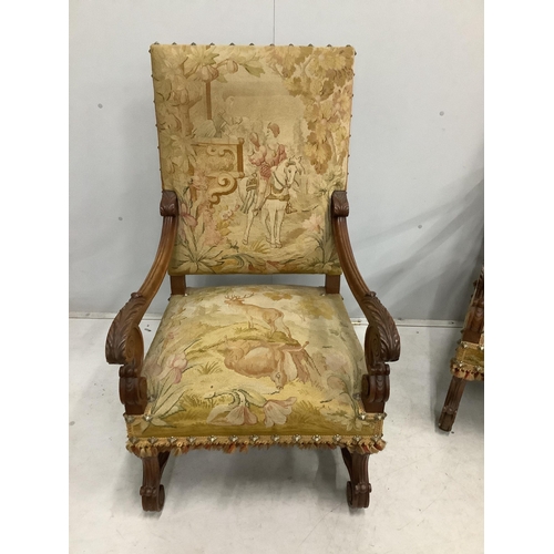 71 - A pair of 18th century style walnut and needlepoint tapestry chairs, width 63cm, depth 64cm, height ... 